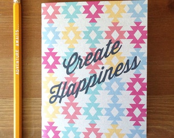 Create Happiness Aztec stapled eco notebook, journal pencil set, boss gifts, aztec small sketchbook, back to school supply, listmaker