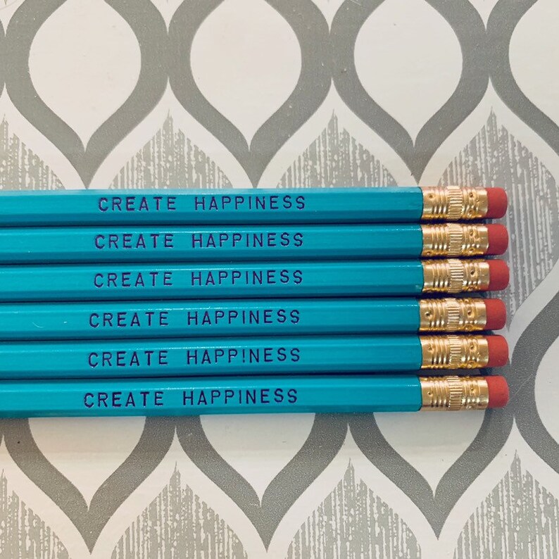 Create Happiness Engraved Pencil 6 pack, Earmark Social Goods Pencils, happy pencil set, wood pencils, turquoise pencils, no. 2 graphite image 3