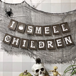 I Smell Children Hocus Pocus Halloween Party Garland, ready to hang halloween decor, trunk or treat decorations, spooky halloween banner image 4