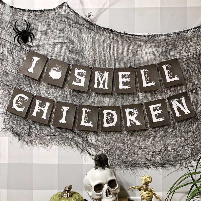 I Smell Children Hocus Pocus Halloween Party Garland, ready to hang halloween decor, trunk or treat decorations, spooky halloween banner image 4