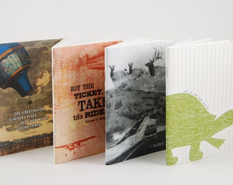 May include: Four different book covers with various designs. The first cover is blue and white with a hot air balloon and the text "One's destination is never a place, but a new way of seeing things". The second cover is orange and white with the text "Buy the ticket, take the ride". The third cover is black and white with a photo of a road and the text "notes". The fourth cover is white with green stripes and a green silhouette of a turtle with the text "off to see the world".