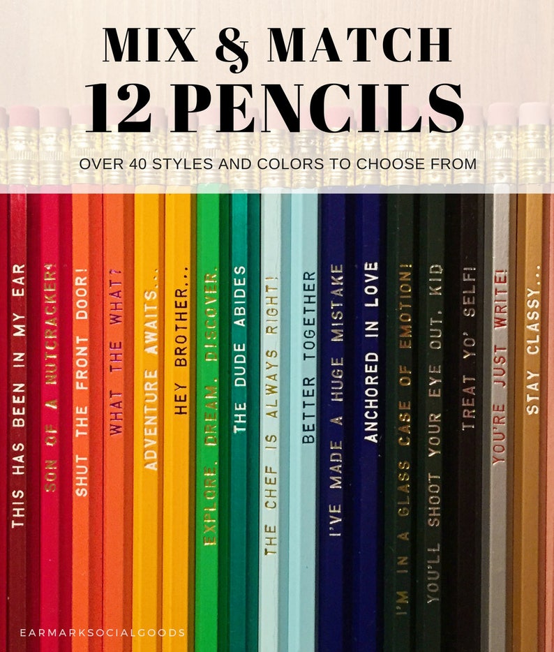 12 Mix Match Engraved Pencil Set, funny pencils, tv show quotes, teacher gift, gifts under 20, back to school gift, fun school supplies image 1