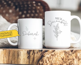 Personlig decembermugg med blomma: Holly födelsedagspresent