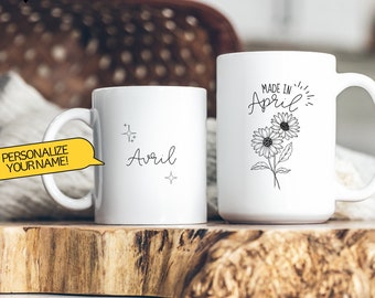 Taza personalizada con flor de nacimiento de abril: Taza de cerámica con margaritas