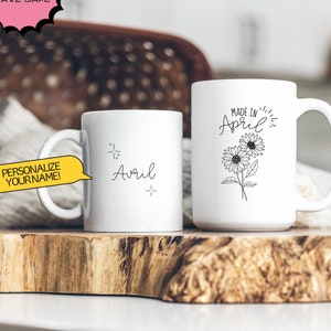 Personalized ceramic mug with birth month flower &quot;Made In April&quot; | Daisy April birth month flower | April birthday gifts