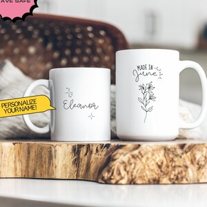 Personalized ceramic mug with birth month flower &quot;Made In June&quot; | Honeysuckle June birth month flower | June birthday gifts