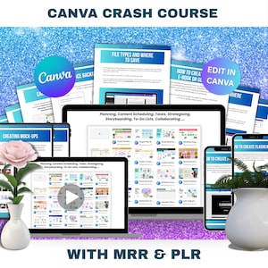 May include: A digital marketing course titled "Canva Crash Course" with the text "With MRR & PLR." The image features a laptop, tablet, and smartphone displaying Canva tutorials. Additional text includes "Creating Mock-Ups" and "Edit in Canva."