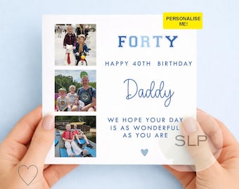 May include: A birthday card held by a person, with the word "FORTY" in blue and the text "HAPPY 40TH BIRTHDAY Daddy". The card includes three photos and the text "WE HOPE YOUR DAY IS AS WONDERFUL AS YOU ARE". A yellow sticker says "PERSONALISE ME!".