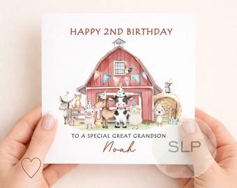 May include: A birthday card with a red barn illustration and farm animals wearing party hats. The text reads "Happy 2nd Birthday" and "To a special great grandson Noah."