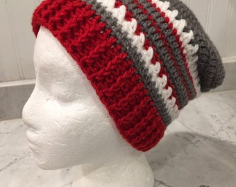 Gray red white slouchy beanie crocheted hat unisex handmade Free Shipping Ohio State Football