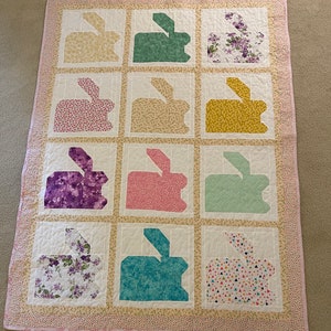 Crib baby quilt bunny design baby quilted throw handmade multi colored bunnies patchwork quilt crib sized