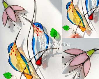 Stained Glass Bird Suncatcher Hummingbird Stained Glass Flower Suncatcher Stained Glass Ornament Mothers Day Gifts Glass Bird Decor