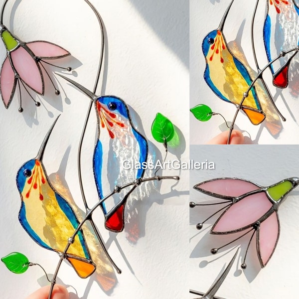 Stained Glass Bird Suncatcher Hummingbird Stained Glass Flower Suncatcher Stained Glass Ornament Mothers Day Gifts Glass Bird Decor