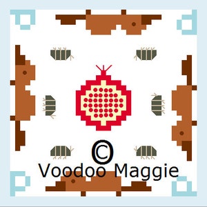 May include: A red and white pomegranate design with a brown border. The design is surrounded by eight brown and black bugs. The text "Voodoo Maggie" is below the design.