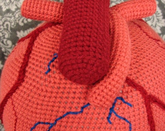 May include: A crocheted heart-shaped plush toy with a red crocheted top and blue crocheted veins.