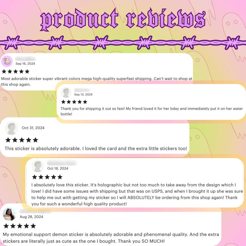 May include: Five customer reviews for a sticker product. The reviews are positive and highlight the quality of the product, the speed of shipping, and the cuteness of the sticker. The reviews are displayed on a pink and yellow background with a barbed wire border.