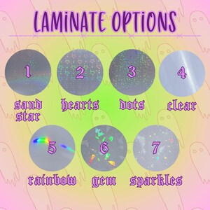 May include: A chart showing seven different laminate options for a craft project. The options are labeled with numbers and names: 1. Sand Star, 2. Hearts, 3. Dots, 4. Clear, 5. Rainbow, 6. Gem, 7. Sparkles.