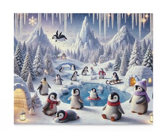 以下が含まれることがあります： 雪山、木々、凍った池がある雪景色を描いた冬をテーマにしたジグソーパズル。 パズルには、スカーフや帽子をかぶったペンギンがたくさん描かれており、泳いだりそり遊びをしたりしています。 カラーパレットには、白、青、赤のタッチが含まれています。