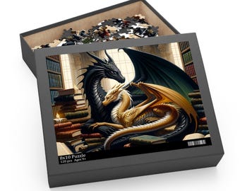 May include: A 120-piece jigsaw puzzle featuring a black and gold dragon couple nestled amongst a stack of books in a library setting. The puzzle is 8x10 inches and is recommended for ages 9 and up.