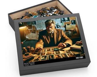 Könnte beinhalten: Ein 120-teiliges Puzzle mit einem Mann in einem braunen Mantel, der an einem Schreibtisch mit einer Lupe und einem Stapel Fotos sitzt. Die Puzzlebox trägt den Text "8x10 Puzzle 120 pcs Ages 9+"