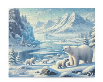 Puede incluir: Un rompecabezas con una escena invernal con osos polares. La imagen muestra una familia de osos polares en un paisaje nevado con montañas, un lago helado y árboles de hoja perenne. El rompecabezas está hecho de muchas piezas pequeñas.