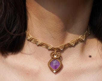 Amethyst Macrame Necklace-Handmade Crystal Healing Jewelry|Spiritual Gift for Meditation,Birthdays|Holidays|Boho Style Unique Gemstone