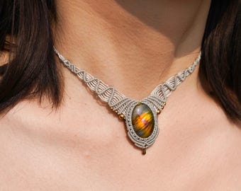 Labradorit Makramee Halskette - Handgefertigter Boho Kristall Schmuck für spirituelle Energie, Meditation, Heilung, Einzigartiges Geschenk für Weihnachten, Geburtstage