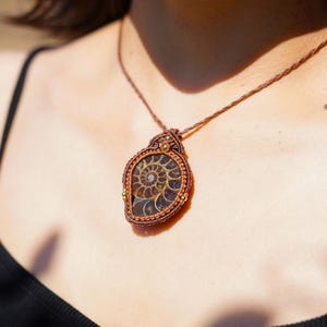 Handmade Ammonite Fossil Necklace with Braided Cord | Unique Natural Gemstone Jewelry | Boho Style Fossil Pendant for Gift or Collection