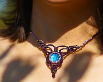 Boda, regalo de cumpleaños, collar de macramé hecho a mano con labradorita, dije de luna boho, joyería de cristal curativo, regalo único para ella, festival