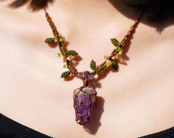 Amethyst Macrame Necklace-Handmade Crystal Healing Jewelry | Spiritual Gift for Meditation, Birthdays|Holidays | Boho Style Unique Gemstone