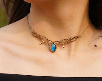 Collar de macramé hecho a mano con labradorita, dije de luna boho, joyería de cristal curativo, regalo único para ella, festival, boda, regalo de cumpleaños