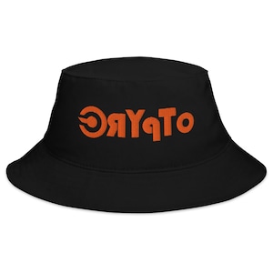 Oranje vissershoedje met crypto-logo – geborduurde Bitcoin Ethereum Solana-hoed | Cotton Crypto-streetwear voor handelaren Web3-fans