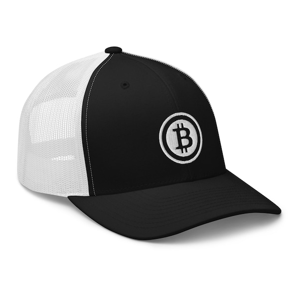 White Bitcoin Crypto Currency Symbol Ticker Embroidered Trucker Cap Snapback Hat