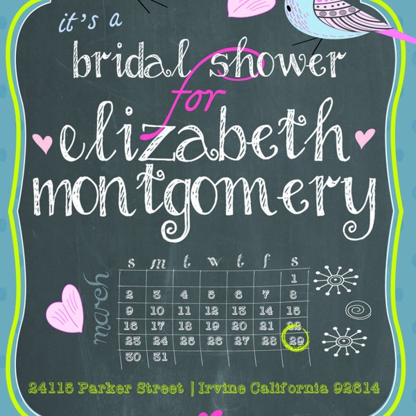 Customizable Chalkboard Lovebirds Bridal Shower Printable Invitation