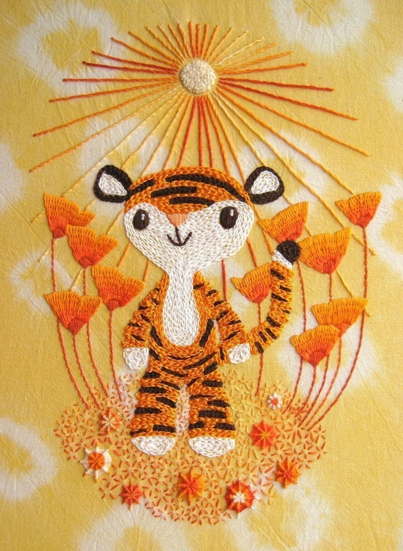 Little Tiger's Orangey Celebration, cute original hand embroidery pattern design PDF image 1