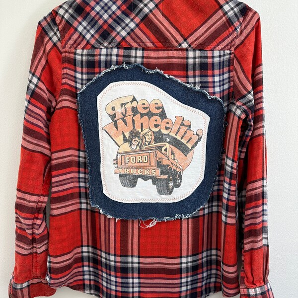 Free Wheelin' Upcycled Plaid Shirt  Custom Shirt  Unique Flannel  Ford Truck Shirt Car Shirt Ford Shirt One of a Kind Gift for Her Size S