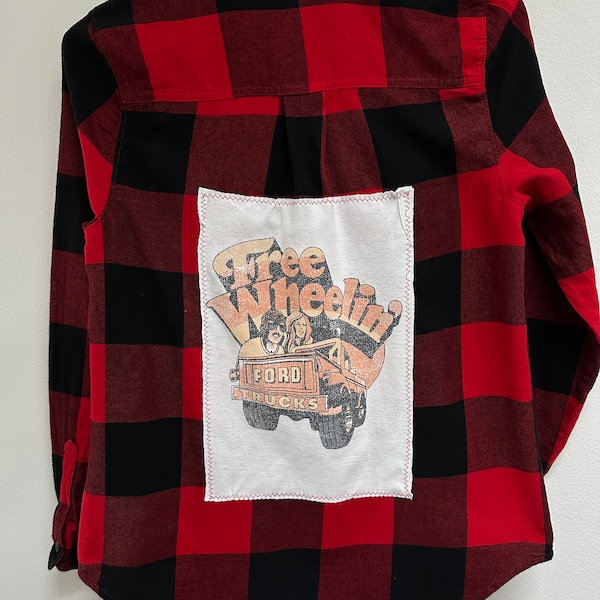 Free Wheelin' Upcycled Plaid Shirt Custom Shirt Unique Flannel Ford Truck Shirt Car Shirt Ford Shirt One of a Kind Gift for Her Size Small