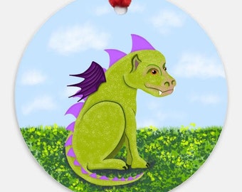 Baby Dragon Ornament, Fairy Tale, Kawaii, Hand Drawn, Digital Illustration, Cute, Happy