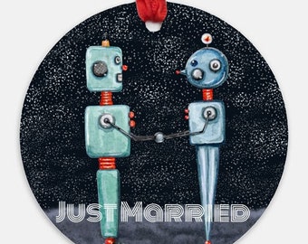 Robot Wedding, Space Ornament, Just Married, Bride & Groom Robot, Sci-Fi Wedding, Geek Wedding, Robots, Sci-Fi lover gift, First Christmas