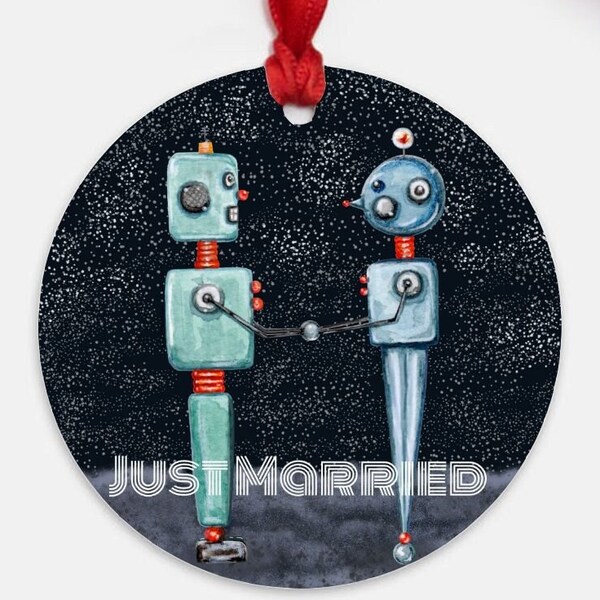 Robot Wedding, Space Ornament, Just Married, Bride & Groom Robot, Sci-Fi Wedding, Geek Wedding, Robots, Sci-Fi lover gift, First Christmas