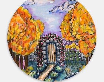 Magick Garden Ornament, Autumn Garden, Halloween Wedding, Watercolor Illustration, Wedding Favor, Fall Trees, Rose Trellis, Landscape