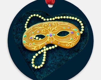 Masquerade Ornament, Gold Mask, String of Pearls, Mardi Gras Wedding, First Christmas, Theater Ornament, Party Favor, Wedding Favor