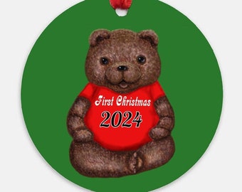 1st Christmas, Brown Teddy Bear, Red, Ornament, Flat Round, Digital Illustration, Hand Drawn, Hand Painted, Baby Gift, DIY personalize