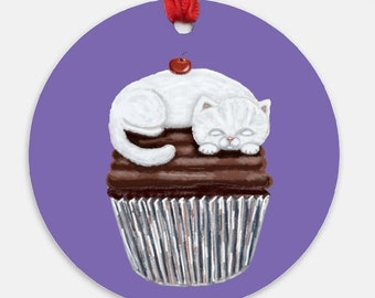 Kitty Cupcake Ornament, Cute White Cat, Chocolate Cupcake, Illustration, Kawaii Christmas, Sweet Treat, Daydream Purple Ornament