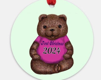 1st Christmas, Brown Teddy Bear, Pink, Ornament, Flat Round, Digital Illustration, Hand Drawn, Hand Painted, Baby Gift, DIY personalize