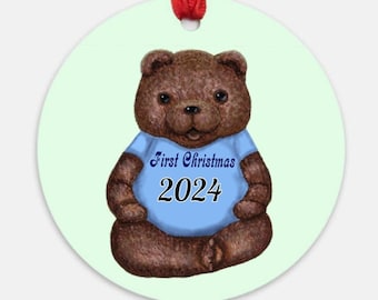 1st Christmas, Brown Teddy Bear, Blue, Ornament, Flat Round, Digital Illustration, Hand Drawn, Hand Painted, Baby Gift, DIY personalize