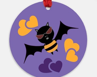 Beach Bat, SummerWeen, Halloween Ornament, digital illustration, spooky cute, decor, purple, orange