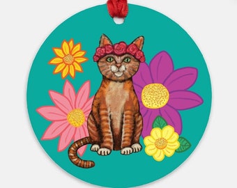 Groovy Cat Ornament, Flower Power, Retro Ornament, Hippie, Orange Tabby, 1970s Style, Psychedelic Art, Cat Flower Ornament, Digital Painting