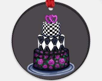 Purple & Black Gothic Wedding Cake Ornament, Purple Roses, Black Checker Board, Entwined floral hearts, Gothic Wedding Favor, Cake Ornament