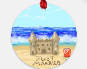 Beach Wedding Ornament, Destination Wedding, Sandcastle, Just Married, First Christmas Ornament, By the Sea Wedding, Gift for Bride & Groom